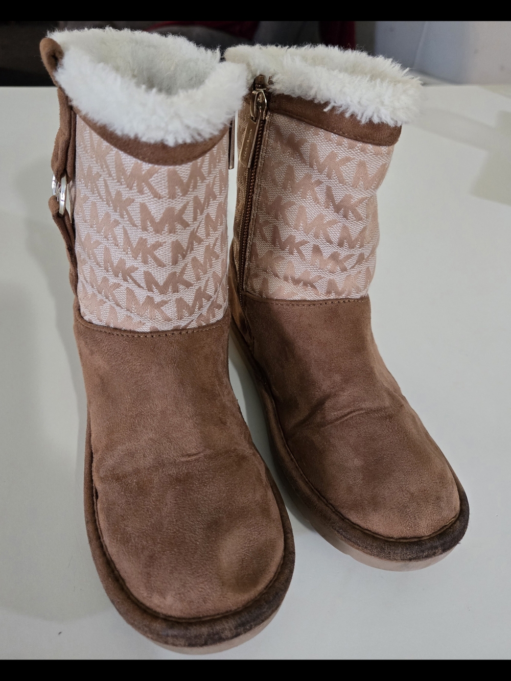 Girls Sz 2 Michael Kors Brown Faux-Suede Fur-Lined Ankle Boots - Brown